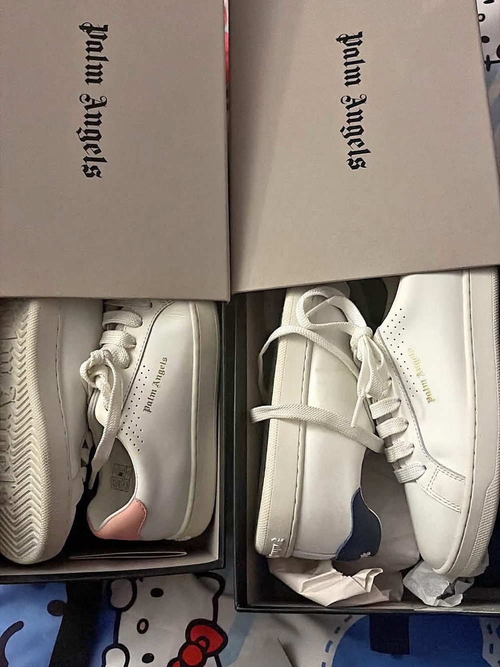 Palm Angels White Leather Sneakers with Pink & Navy Heel Tabs